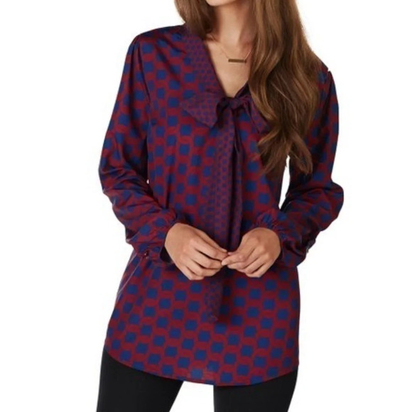 Mud Pie Size S Burgundy Printed Bow Tie Tunic Blouse NEW! - Picture 1 of 5
